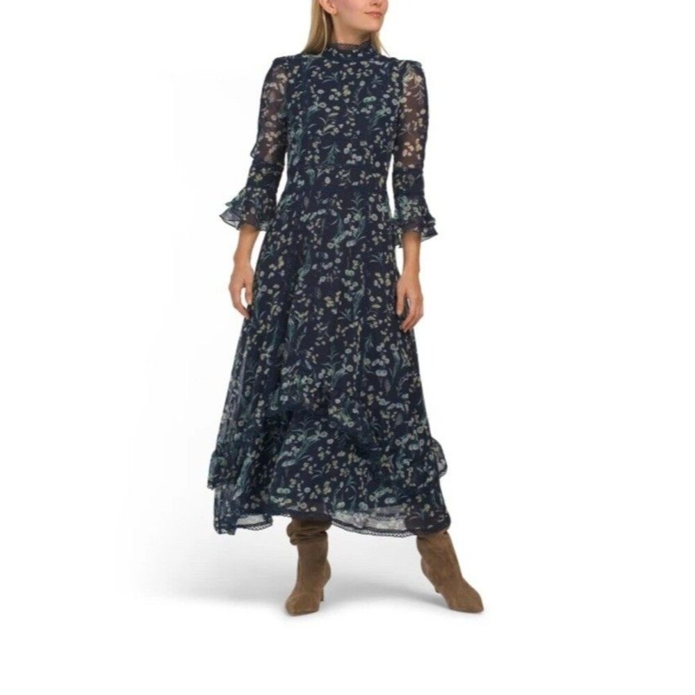 Dalia McPhee Midi Dress Floral Navy Blue Size Large - Picture 2 of 16